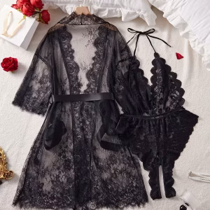 Deep V Lace Paired with a Sexy Bodysuit Robe Set