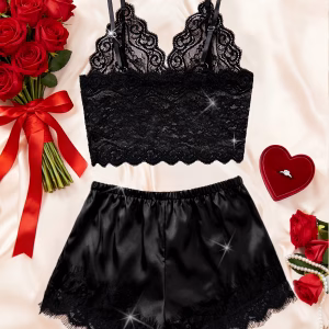 2pcs Date Night Alluring Lace Lingerie Set, Deep V-neck See-through Bra Paired with Comfortable Shorts, Charming Women's Lingerie