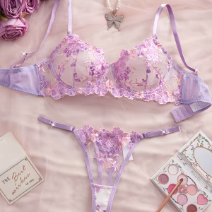 Purple Floral Embroidered Bra, Sexy Romantic Luxurious  Set