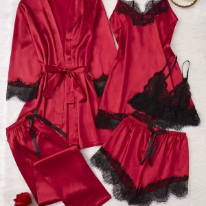 Red Ice-Feel Satin Contrast Lace Spliced Multi-Piece Set