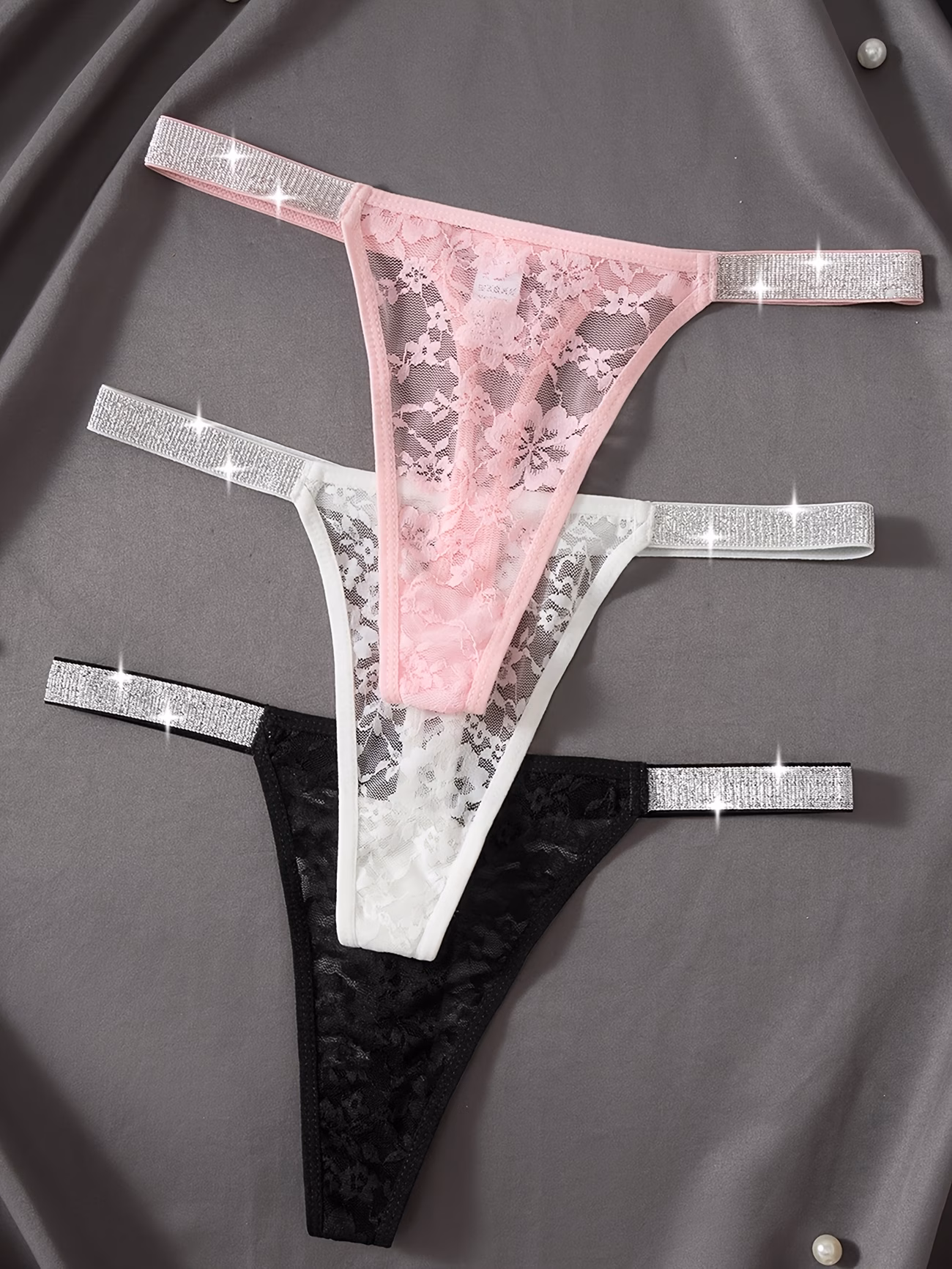 3pcs women's thongs lace paneled design with silvery straps, sexy stretchy & comfortable 3pcs women's thongs lace paneled design with silvery straps, sexy stretchy & comfortable