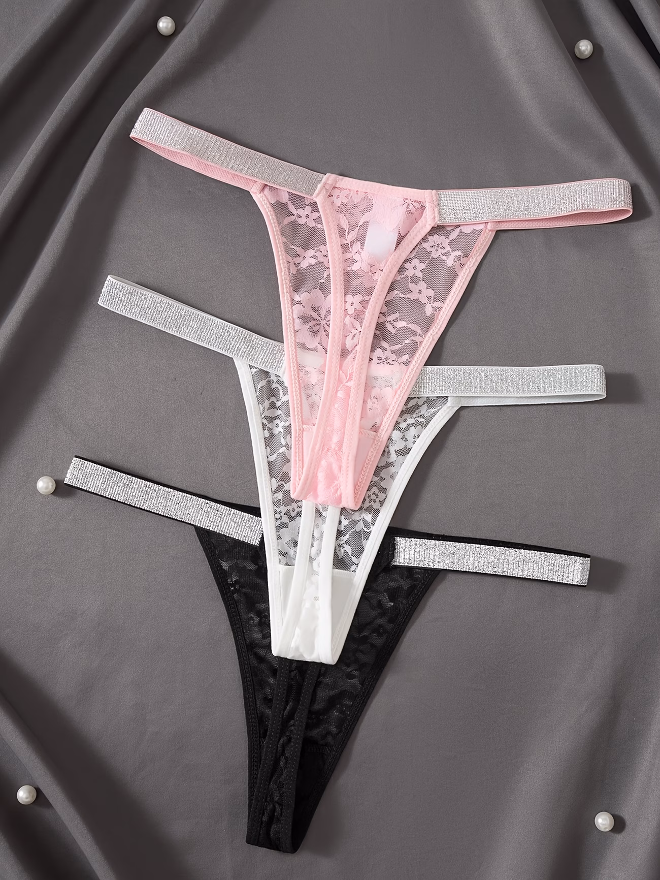 3pcs women's thongs lace paneled design with silvery straps, sexy stretchy & comfortable 3pcs women's thongs lace paneled design with silvery straps, sexy stretchy & comfortable