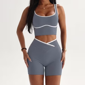 women's 2 piece color block activewear set – short sleeve top & tummy control shorts