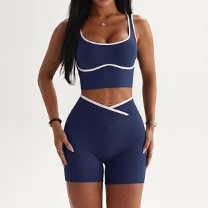 women's 2 piece color block activewear set – short sleeve top & tummy control shorts