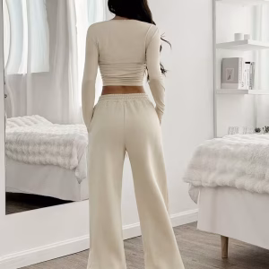 women's 2 piece casual pleated set – round neck t shirt & drawstring wide leg pants