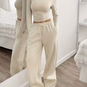 women's 2 piece casual pleated set – round neck t shirt & drawstring wide leg pants